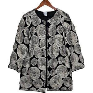 Chicos Travelers Jacket Women 1 (8/10) Sheer Mesh 3D Rosette Applique Open Front